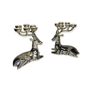 Crate & Barrel Christmas Silver Plated Seated Reindeer Candle Holder Pair